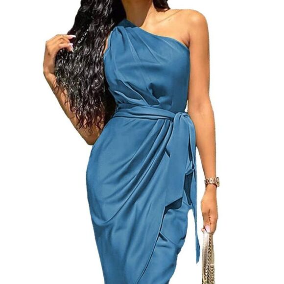 Women's Ruched Bodycon Dress Asymmetrical Sleeveless One Shoulder W - Picture 1 of 6
